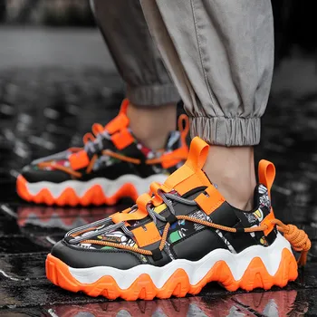 Moda Orange Mens Sapatos de Desporto de Sapatilhas de Cores Impressas Plataforma de Jogging Sapatos de Homens de Calçados esportivos Formadores chaussure homme sport