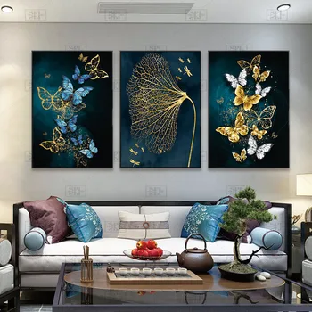 Estilo moderno Ouro Azul Borboleta Arte de Parede de Lona da Pintura Mural de Decoração para Sala de estar, Quarto, Casa, Decoração