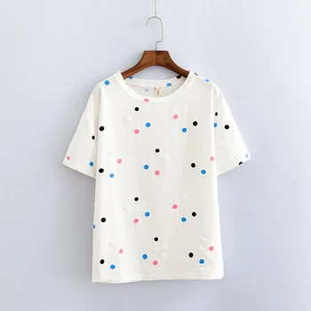 Bolinhas Tops Plus Size Mulheres O decote Manga Curta Verão Casual T-shirts Céu Azul Preto Branco KKFY2169