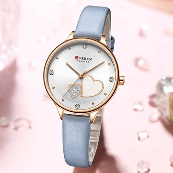 CURREN de Luxo Charmosas Mulheres Relógios de Moda Elegante de Couro Senhoras Quartzo relógio de Pulso Coração de Discagem Design Strass Feminino Relógio