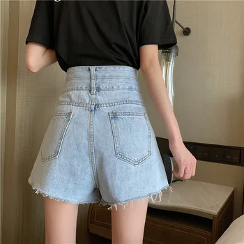 Shorts Mulheres Irregular Botão Duplo Elegante de Alta cintura Rasgado Calças Feminino coreano-estilo da Moda Solto e Casual Todos-jogo