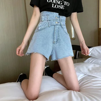 Shorts Mulheres Irregular Botão Duplo Elegante de Alta cintura Rasgado Calças Feminino coreano-estilo da Moda Solto e Casual Todos-jogo