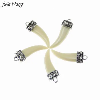 Julie Wang 8pcs Tibetano Prata limite de Cor Branco Leitoso Marfim Forma de Pingente Charme para DIY BOHO Boêmio Colar Étnico Jóias