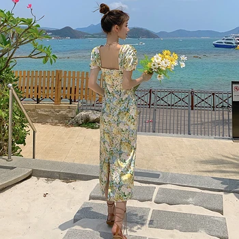 Vintage Floral Impressão Mulheres Bodycon Vestido De Verão Retrô Elegante Vestido De Festa Boêmio De Férias Tropicais Vestido Pista 2020
