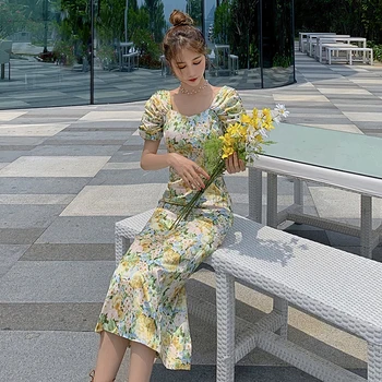 Vintage Floral Impressão Mulheres Bodycon Vestido De Verão Retrô Elegante Vestido De Festa Boêmio De Férias Tropicais Vestido Pista 2020