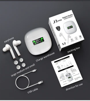 J3 Pro TWS Bluetooth sem Fio hi-fi de Redução de Ruído do Fone de ouvido Fone de ouvido Sport Toque de Controle Com Display de LED de Caixa-carregador Universal