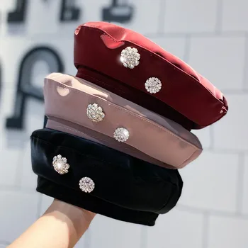 De luxo, a Decoração do Diamante Boina Chapéu para as Mulheres Designer francês Baret Pac com Enfeite de Couro PU Pintor Octogonal Chapéus