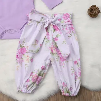 Novo 3PCS Bebê Recém-nascido Meninas Tops de Romper Floral Calças fita para a Cabeça de Roupas Conjunto de Roupas
