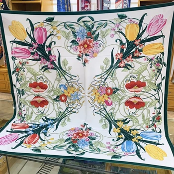 Floral Lenço de Seda Engrossar 16mm Grande Praça Lenços de Seda Envolve Xale para as Mulheres Foulard 106x106cm
