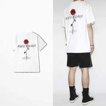 Alcançar Alta Área Flor De Rosa Imprimir Camisetas Divertidas Hip Hop High Street Skate Do Algodão Do T-Shirt Homme Moda Harajuku Tee