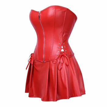 Vermelho Preto PU Couro Espartilho de Renda Vestido Conjunto Overbust Lingerie Sexy Mulheres Lace Corselet Tops Saia Plus Size S-6XL
