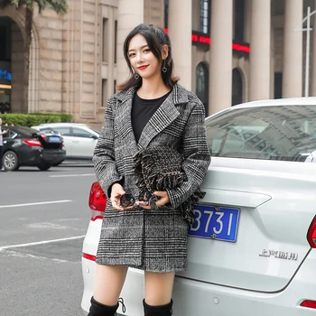 Novo 2020 Outono de Mulheres de Lã Xadrez Casaco Longo de Lã Casaco Slim Tipo de Casacos de Inverno Feminino Houndstooth Jaqueta Estilo coreano Mulheres