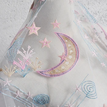 Branco de alta qualidade de tecido de malha Estrelas, Lua bordado tissu Alto grau de vestido de noiva de costura