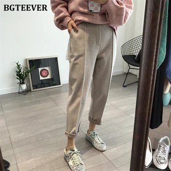 BGTEEVER Plus Size Engrossar Quente Mulheres Calças de Harém de Outono Inverno Cintura Alta Feminino de Lã, Calças de Senhoras de Calças de pantalon 2020