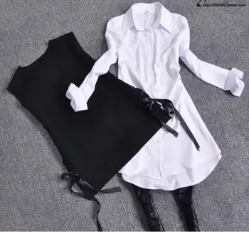 Plus tamanho 3XL! DUAS peças de conjuntos de mulheres brancas de manga longa Camisa +colete de malha primavera, outono
