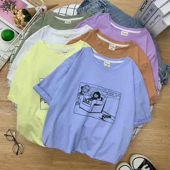 95% algodão Chique de Verão Nova Personalidade, Estilo coreano Cartoon mulheres t-shirts branco Plus Size Tops Tees Sete cores harajuku TYD29