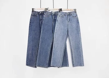 As Mulheres Do Vintage Cintura Alta Perna Reta Jeans Azul De Perna Larga Jean