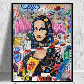 Engraçado Mona Lisa Rua Graffiti Arte, Pôsteres e Impressões em Tela de Pintura na Arte de Parede Imagem Cuadros para Decoração de Sala de estar