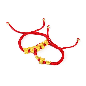 Real de 24K de Ouro Amarelo Cadeia 3D Lingotes de Bracelete Para as Mulheres Bebê Boa Sorte Amorosa Mouse Zodíaco Corda Vermelha