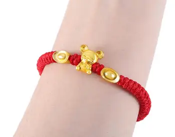 Real de 24K de Ouro Amarelo Cadeia 3D Lingotes de Bracelete Para as Mulheres Bebê Boa Sorte Amorosa Mouse Zodíaco Corda Vermelha