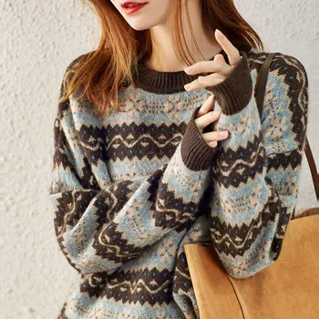 Outono / invierno suéter de cachemira jersey de cuello redondo corto suelto acolchado suéter de mujer suéter camisa de fondo