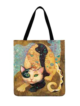 Bolsa De Ombro De Senhoras Famosa Golden Cat Pintura Impresso Tote Bag Duplo Exterior Praia Diário Do Saco O Saco De Mão Dobrável Casual Saco De Compras