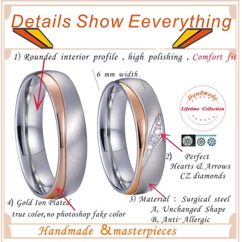 Homens e mulheres de Rosa Cor de Ouro Alianças de casamento, Casal, Casamento conjunto de Anéis Para homens e mulheres, a jóia de aço inoxidável do anel