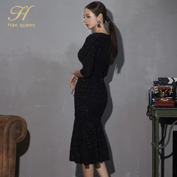 H Han Rainha de Negócios de Moda do Saco de Hip Fishtail Lantejoulas Pretas Office Vestido de Primavera Cintura Alta Simples Mulher Elegante Vestido de Festa