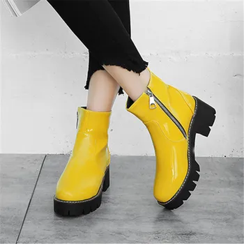 Punk plataforma Мартин сапоги moda roxo amarelo preto de couro envernizado ankle boots 5.5 cm meados de saltos de sapatos femininos 32-43-2020