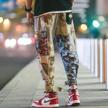 2019 Moda Multi-Pocket Homens de Calças de Harém de Streetwear Casual Camuflagem Jogger Calças de Homens Cordão Verde do Exército Camo Calças