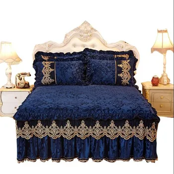 Estilo europeu de cristal de veludo tecido acolchoado bedskirt conjuntos de 3pcs cor sólida borda do laço colchas de qualidade bedcover conjunto de roupa de cama