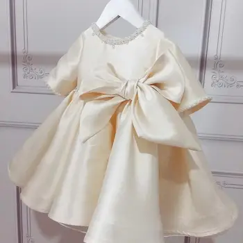 Champanhe Bebê Vestido da Menina de 1 ano de Aniversário do Vestido Esferas de Renda Batismo Vestido Infantil Bowknot Princesa Vestidos para Festa de Casamento