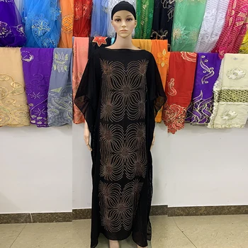 2020 Nova Africano de Ouro Strass algodão, Chiffon Longo Dashiki, Vestido com um Cachecol Para a Senhora Africana roupas VESTIDO 722#