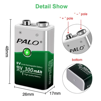 PALO 2pcs de 9V 6f22 nimh recarregável bateria 300mah+usb 9V nimh carregador de bateria do lítio smart display de LED
