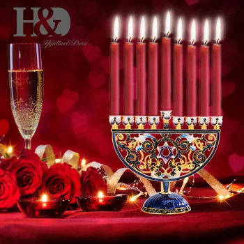 H&D, Pintado à Mão Esmalte Floral Hanukkah Menorah Castiçal 9 Ramo Candelabros Enfeitados com Cristais de Decoração de Casa de Dom