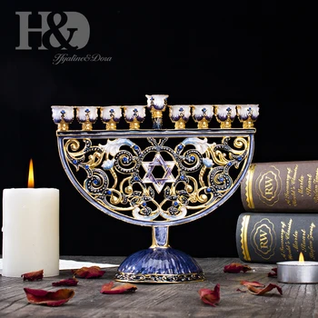 H&D, Pintado à Mão Esmalte Floral Hanukkah Menorah Castiçal 9 Ramo Candelabros Enfeitados com Cristais de Decoração de Casa de Dom