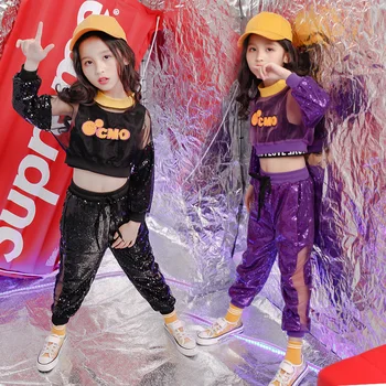Crianças de Lantejoulas Hip Hop Roupas Cropped Tops Casual Calças para Meninas Dança Jazz Trajes de Dança de Salão Roupas Fase de desgaste