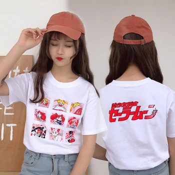 2020 Mulheres DO Japão Bonito Kawaii Ulzzang Algodão Solto Cartoon T-Camisa Casual Punk Túnica Feminina coreano Kawaii Retrô Fofo Tee Mulheres