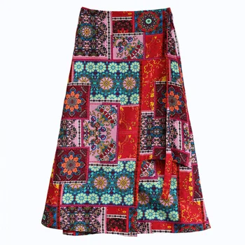 Étnicos, de mulheres, de algodão e de linho, lace-up de uma peça de saia longa irregular tira um pano saia da primavera e do verão