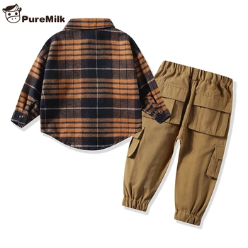 PureMilk Camisa Xadrez Com Calça de Algodão de Crianças Conjunto de Roupas de 2PCS Conjunto de Roupa de Meninos