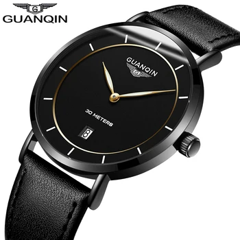 Relógio Masculino Guanqin Mens Relógios de Marca Top de Luxo 2020 GUANQIN Homens de Ouro Moda relógio de Pulso de Couro fino relógio de Quartzo