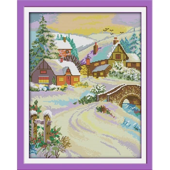 Amor eterno Lindo coberto de neve, Paisagem Chinesa de Ponto de Cruz, Kits Ecológicos de Algodão Impresso DIY Decorações de Natal