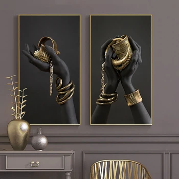 Tela de Impressão Mulheres negras Mãos e Jóias de Ouro Pôster Arte Africana Pintura a Óleo Na Parede, Parede Grande Fotos De Sala de estar