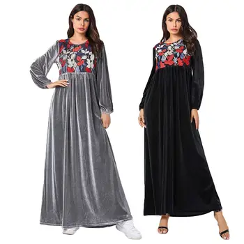 Veludo Abaya Dubai Maxi Vestido Longo De Mulheres Muçulmanas Bordados E Plissados Kaftan Jilbab Árabe Manto De Vestuário Islâmico Vestido Outono Inverno