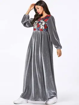 Veludo Abaya Dubai Maxi Vestido Longo De Mulheres Muçulmanas Bordados E Plissados Kaftan Jilbab Árabe Manto De Vestuário Islâmico Vestido Outono Inverno