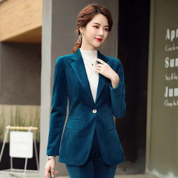 Mulheres coreano Escritório de Negócios de Desgaste de 2 peças do Conjunto de Blazer com Calça de Veludo Calça Ternos para Mulheres Fêmea Marrom Formal de Calças de Terno