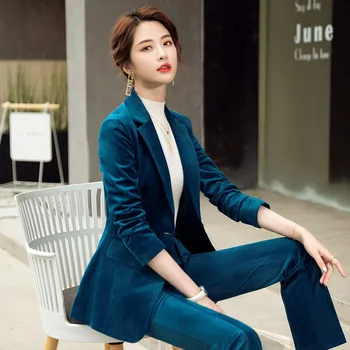 Mulheres coreano Escritório de Negócios de Desgaste de 2 peças do Conjunto de Blazer com Calça de Veludo Calça Ternos para Mulheres Fêmea Marrom Formal de Calças de Terno