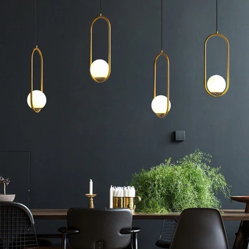 Nordic restaurante Luz Pendant de vidro branco da bola de Ouro do quarto de cabeceira lâmpada sala de jantar, Cozinha, café-bar de suspensão da luminária