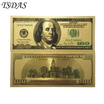100pcs/muito NOVA Versão de US $ 100 Dólar Folha de Ouro Colorido Duplo Design América Notas de Folha de Ouro Chapeado do Navio da Gota