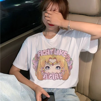 Kawaii Sailor Moon T-Shirt das Mulheres Harajuku Ullzang Moda Gato dos desenhos animados T-shirt de 90 Estética Camiseta Estilo coreano Superior Tees Feminino